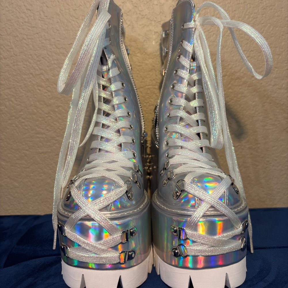 Dolls Kill Silver Holographic Platform Boots - Picture 3 of 6